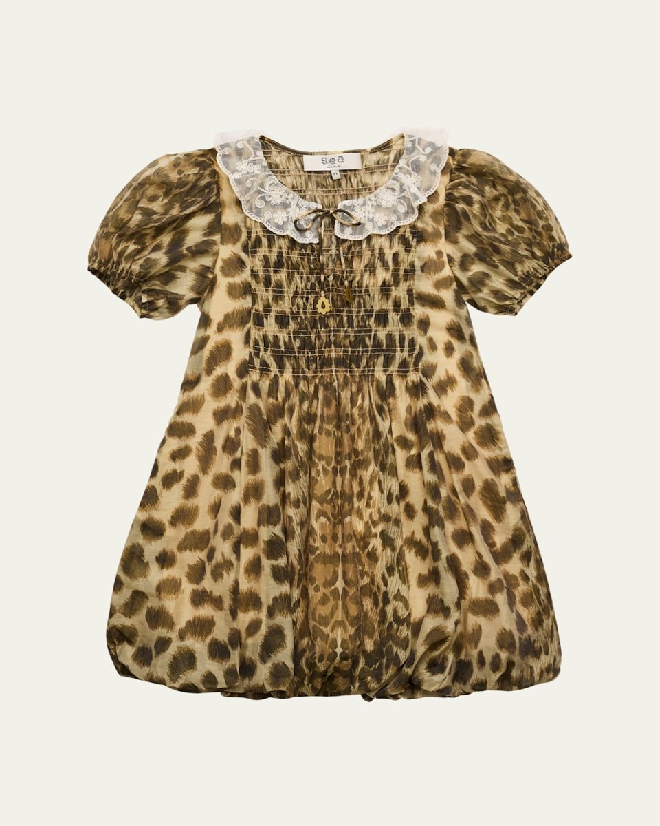 Girl's Claude Leopard-Print Puff-Sleeve Bubble Dress